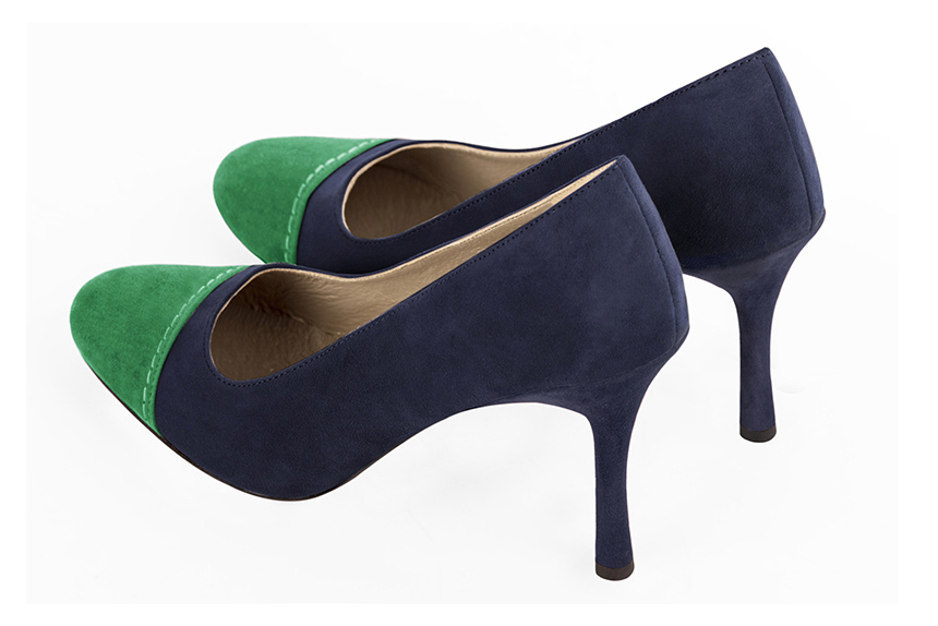 Emerald green and navy blue women's dress pumps, with a round neckline. Round toe. Very high slim heel. Rear view - Florence KOOIJMAN